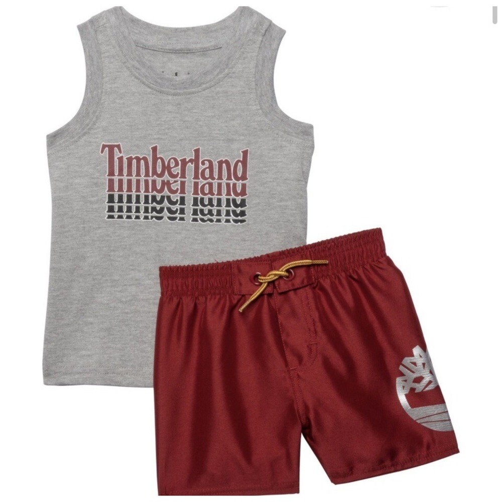 Timberland baby boys 2 Pieces Muscle Top Shorts Set, Grey Maroon Size 24m NWT
